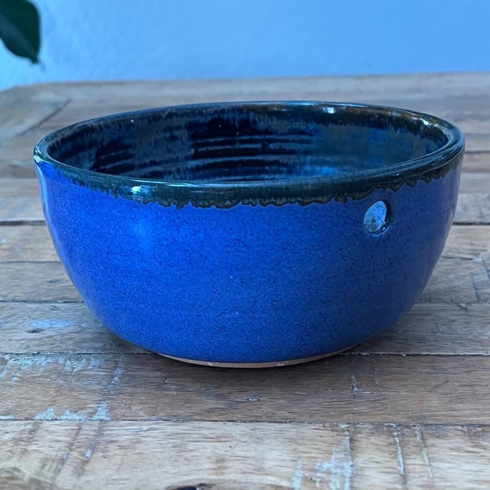 Handmade Studio Pottery Yarn Bowl 6" Blue Speckled Distressed Finish